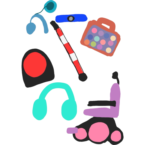 a variety of assistive devices drawn simply. a light blue hearing aid, blue eye tracker, light red AAC device, red and white cane, big red button, cyan headphones and a pink and purple power wheelchair